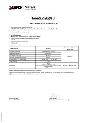 IZJAVA O LASTNOSTIH: Classic, Heritage, Milano, Corona Shake, Senator Shingle, Alpine Slate