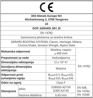 CE Labels: Classic, Heritage, Milano, Corona Shake, Senator Shingle, Alpine Slate